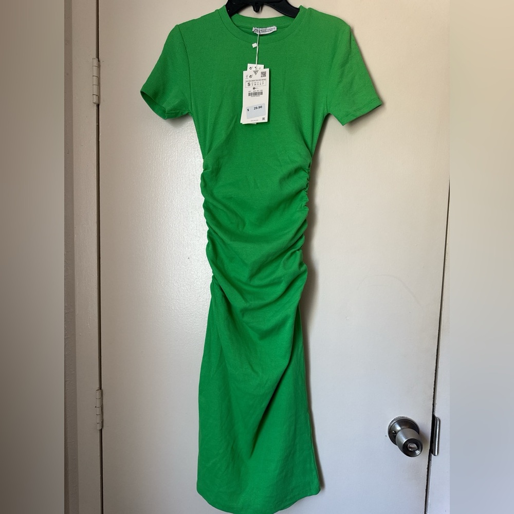 Zara New Green Ruched Dress